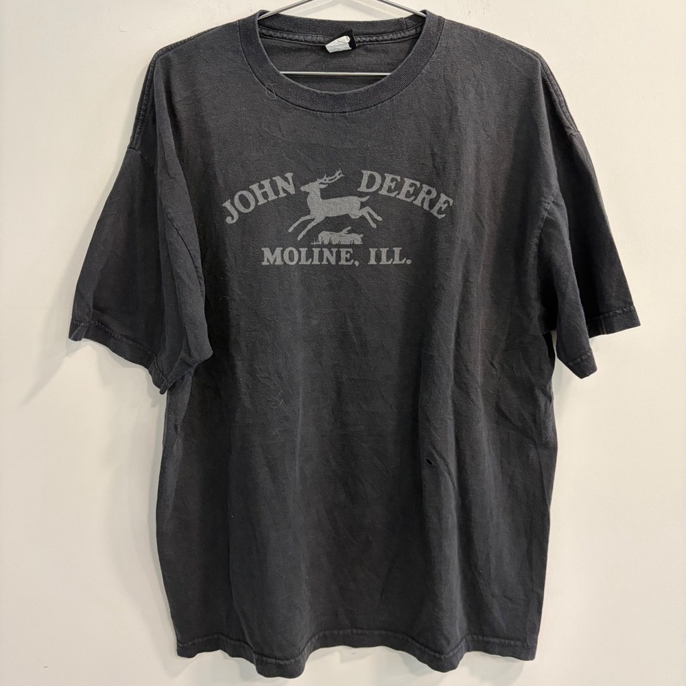 John Deere Moline ILL Graphic T-Shirt Mens XL Faded Black Vintage Style Tee